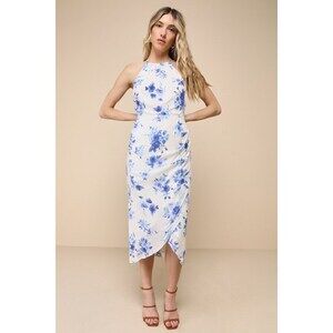 Lulus Blooming Favorite White And Blue Floral Tulip Halter Midi Dress - Size M
